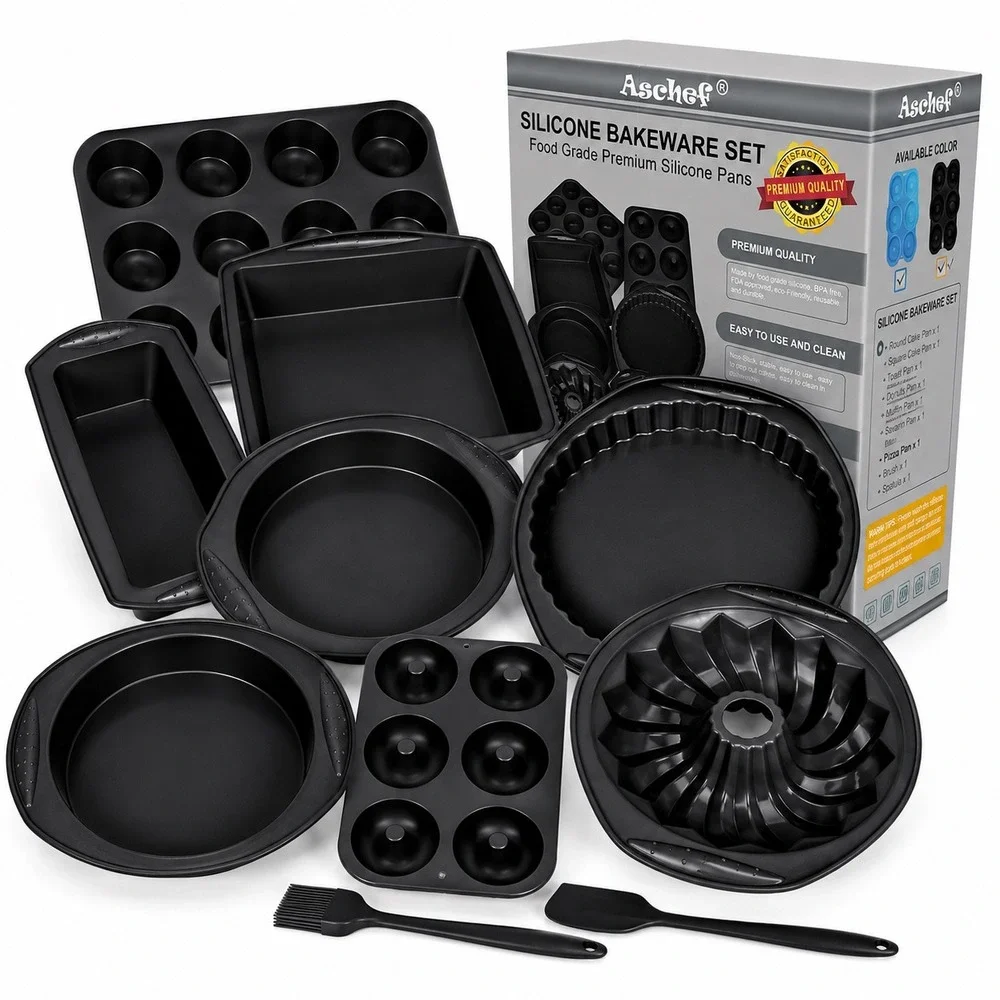 Aschef 9 Piece Silicone Bakeware Set Nonstick BPA Free Cake Muffin Donut Pans